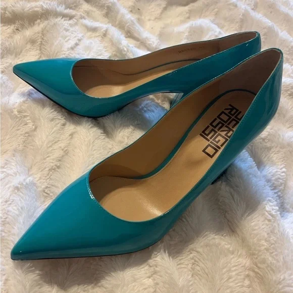 Sergio Rossi Chunky Block Heel Turquoise Patent Leather Pointed Toe Pumps 10 NEW - Picture 6 of 9